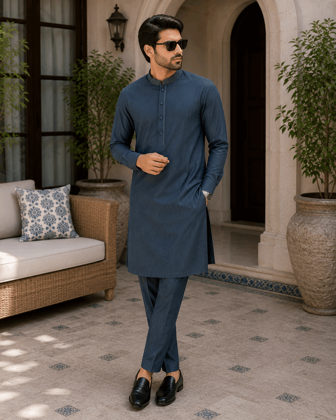 Teal Blue Embroidered Kurta Pajama/Shalwar