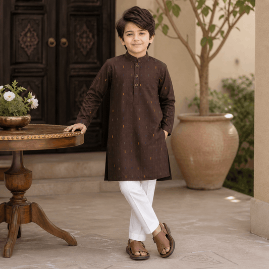 Chocolate Brown Dobby Texture Pure Cotton Kurta Pajama