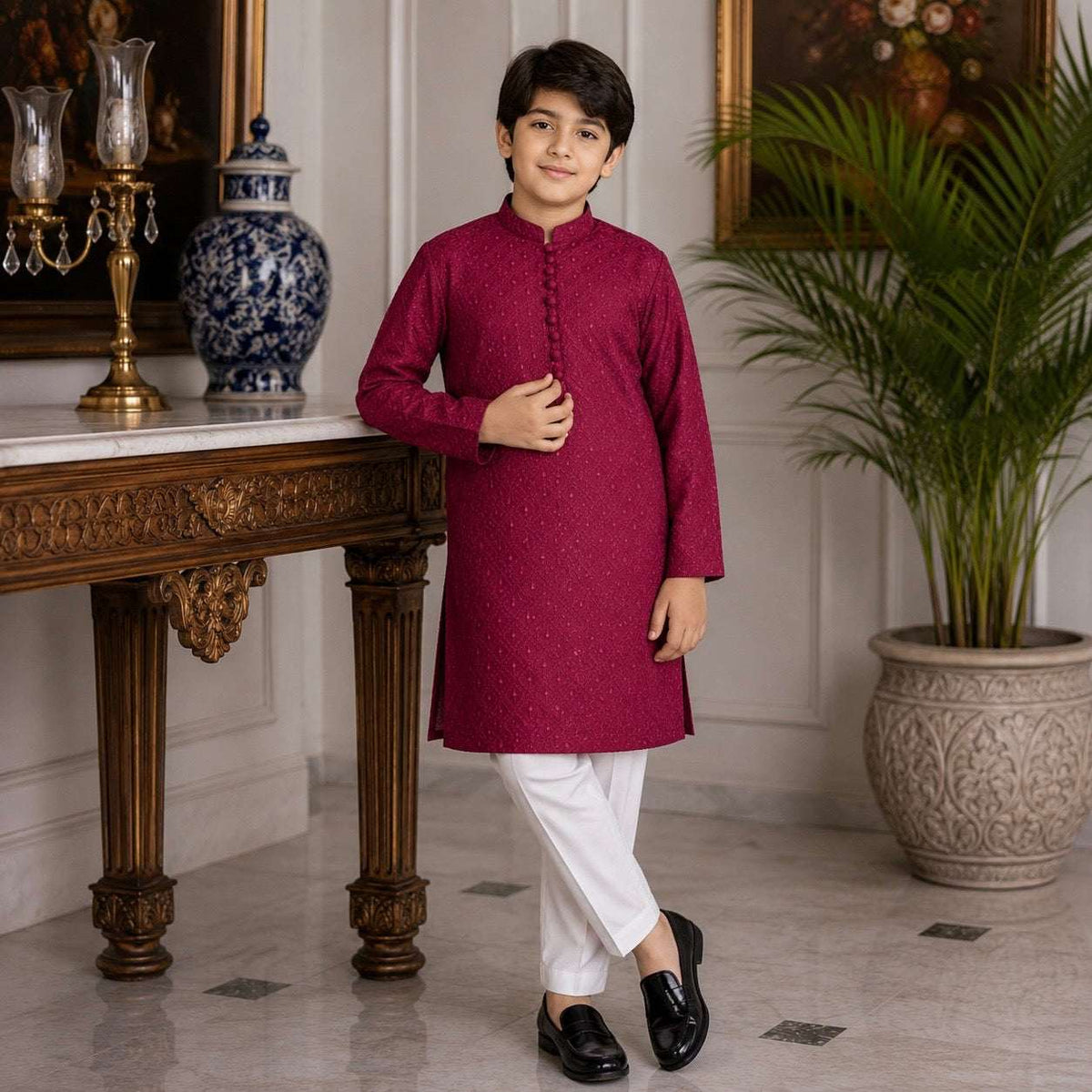 Redish Mahroon Chickenkari Kurta Pajama
