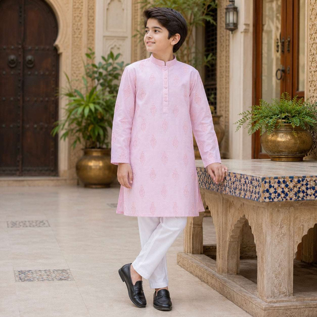 Baby Pink Motif Kurta Pajama