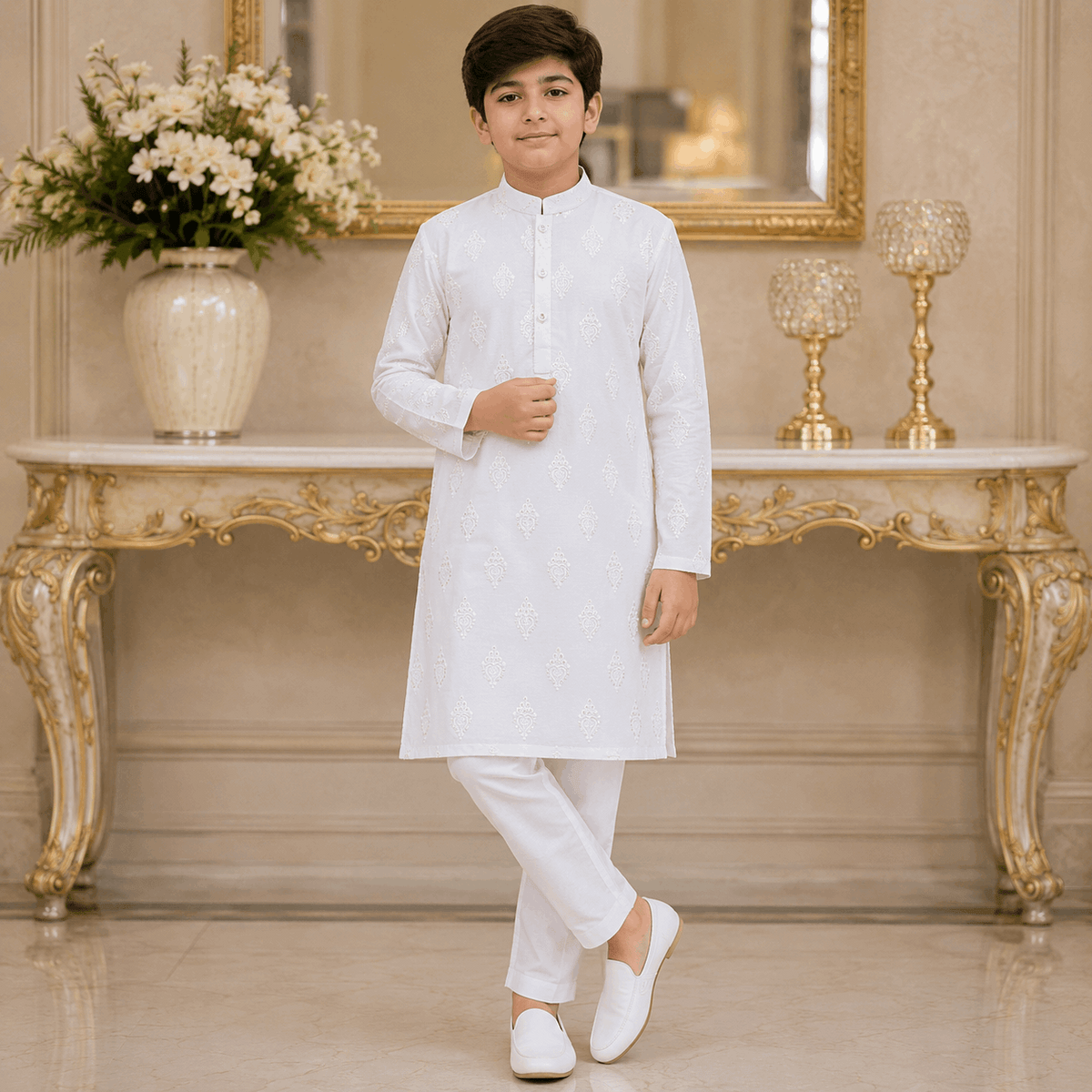 Pearl White Motif Kurta Pajama