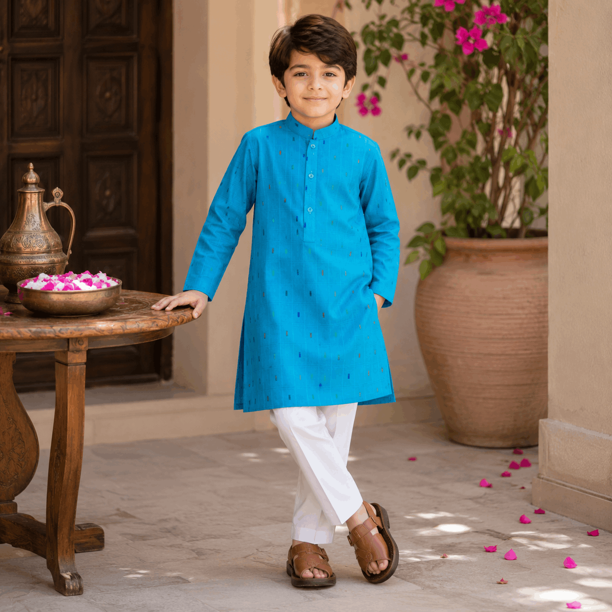 Turquoise Blue Dobby Texture Pure Cotton Kurta Pajama