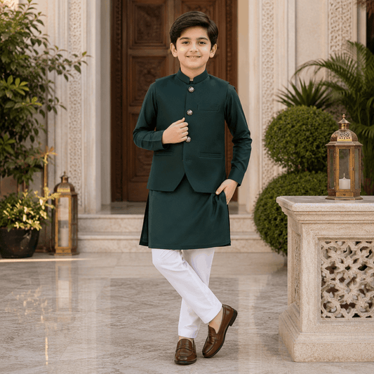 Green Kurta Trouser Waiscoat Set