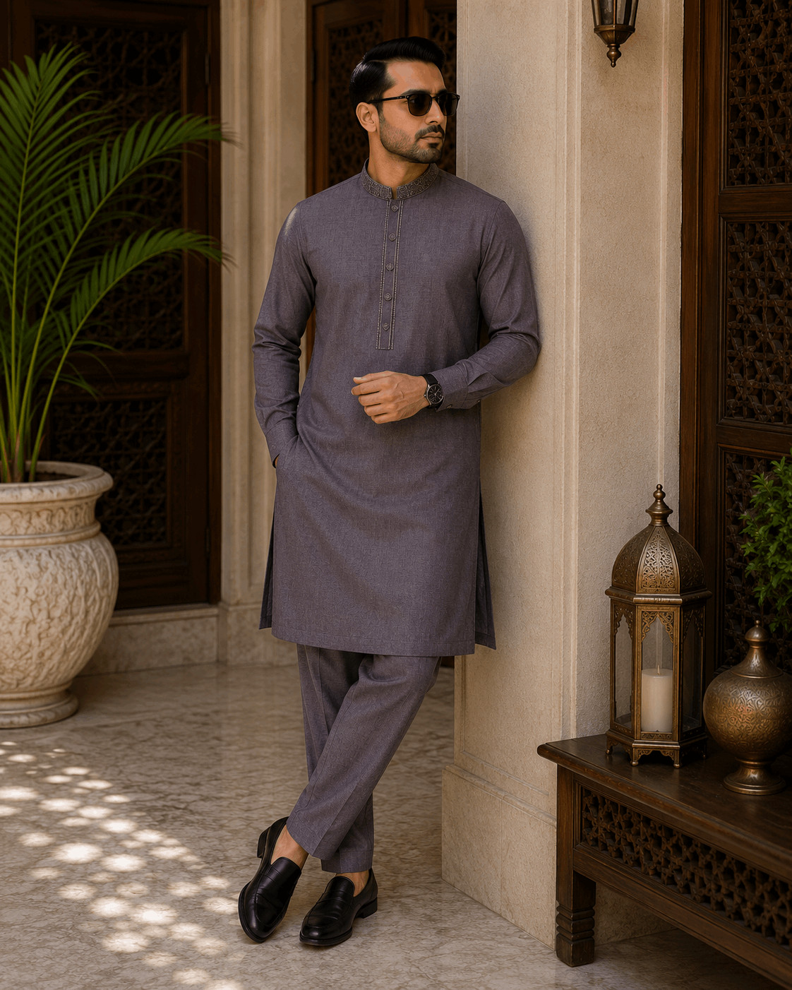 Muted Brown Embroidered Kurta Pajama/Shalwar