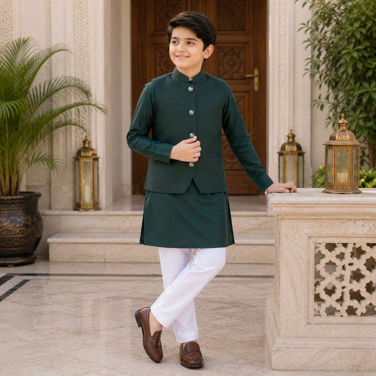 Green Kurta Trouser Waiscoat Set
