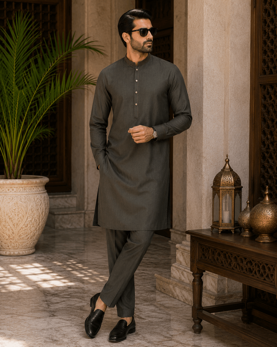 Army Green Embroidered Kurta Pajama/Shalwar