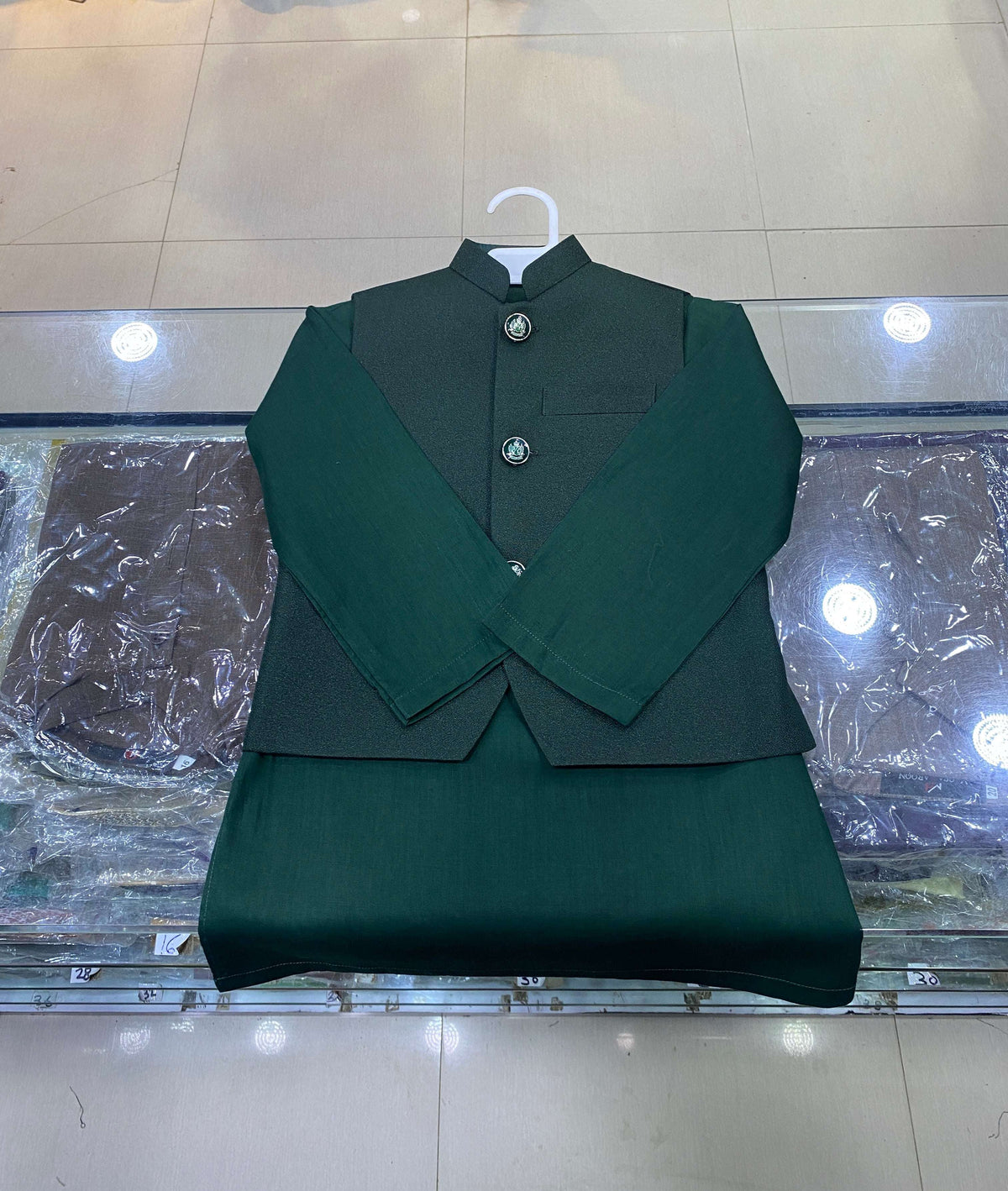 Green Kurta Trouser Waiscoat Set
