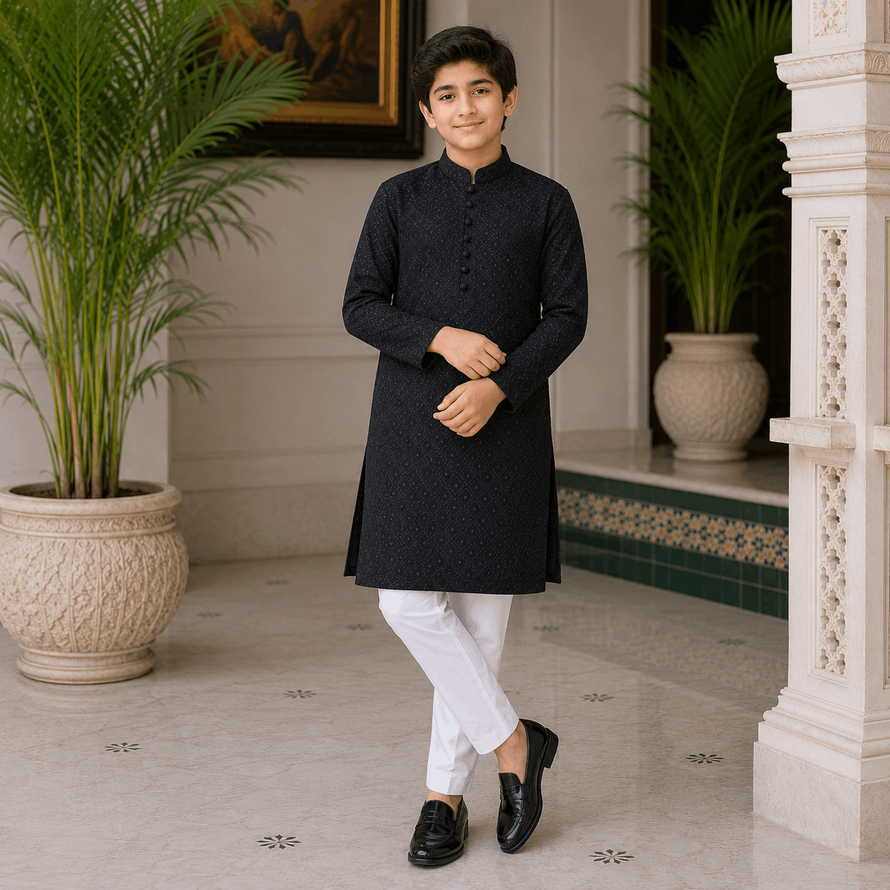 Jet Black Chickenkari Kurta Pajama