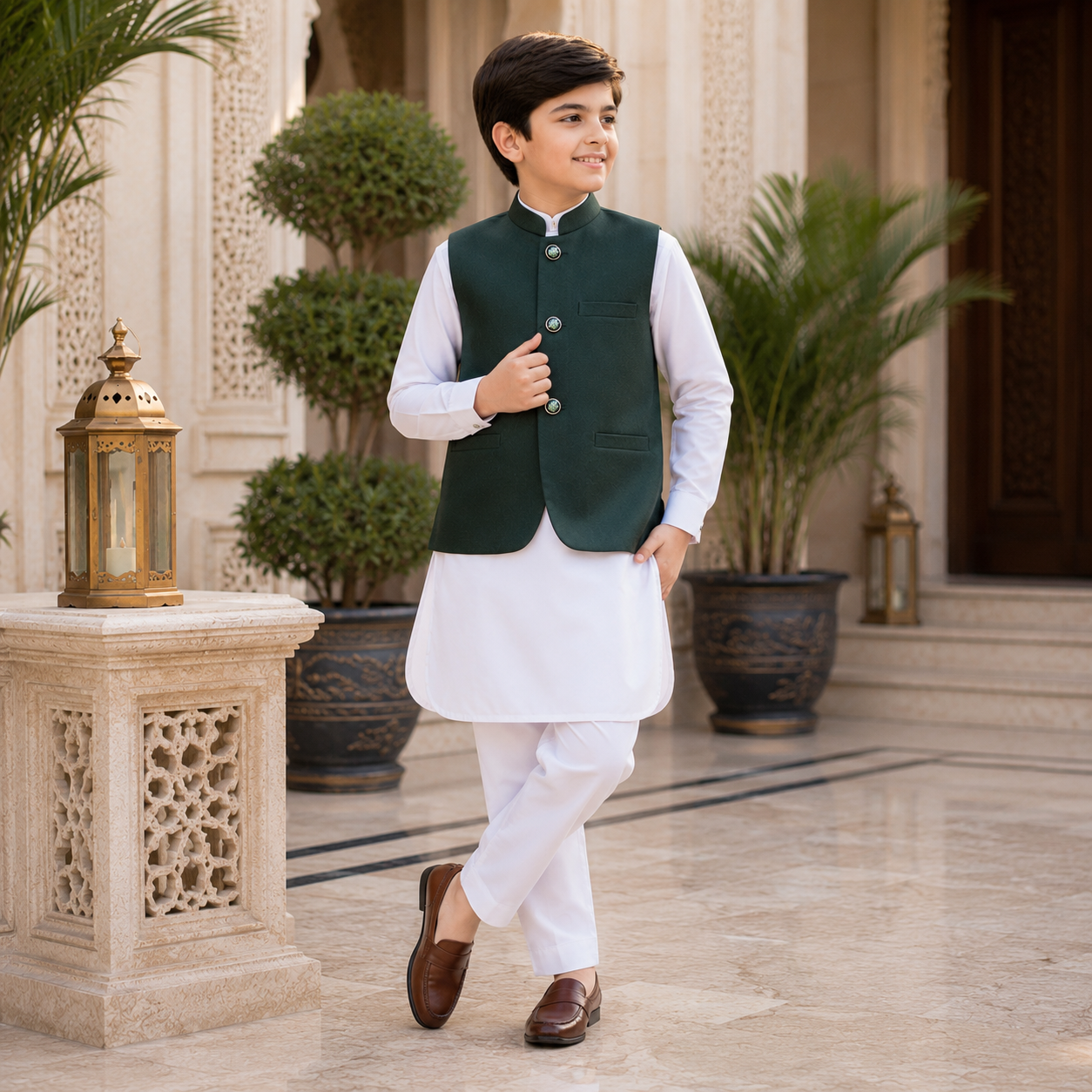 White Kurta Trouser Waiscoat Set