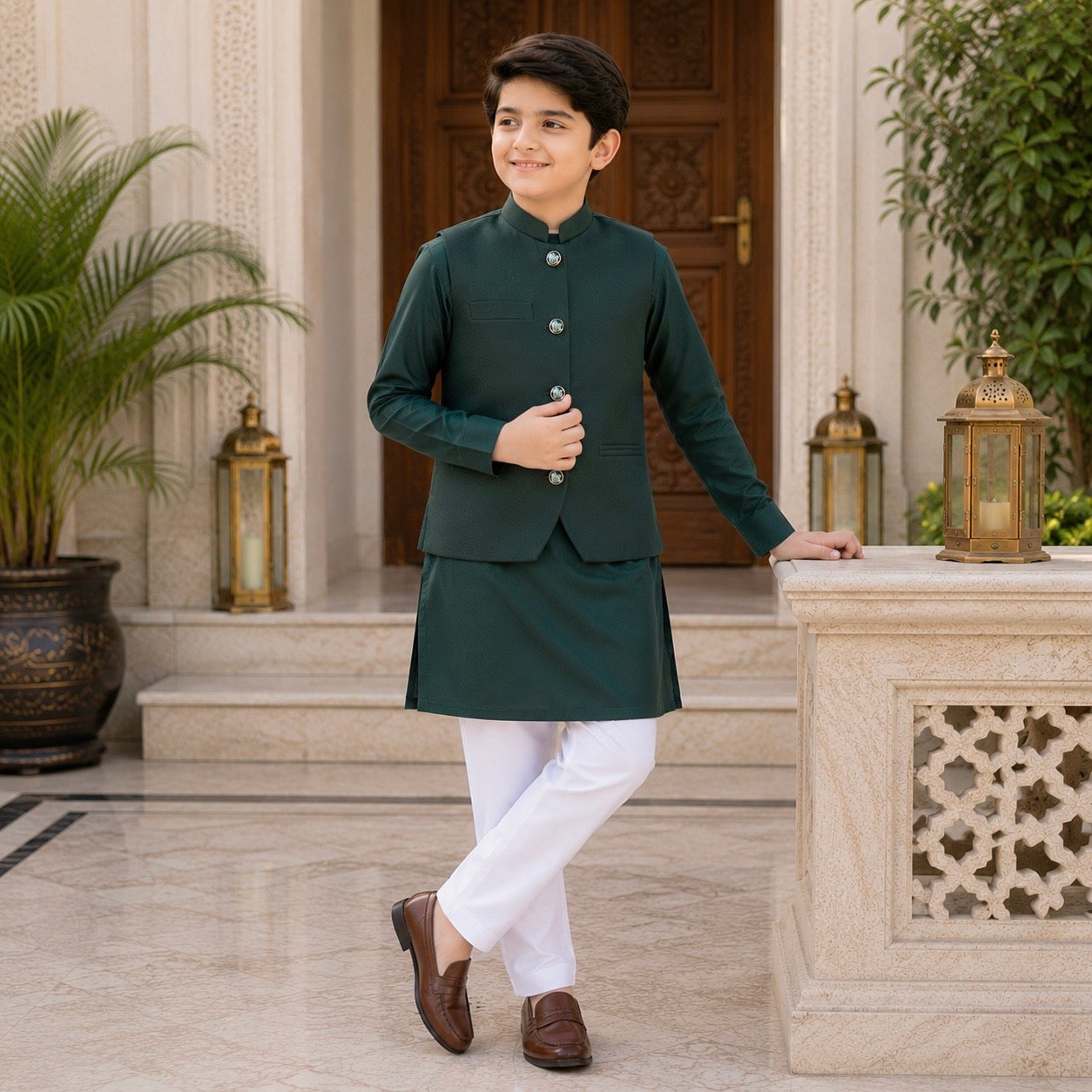 Green Kurta Trouser Waiscoat Set