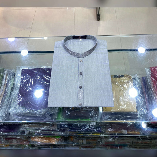 Metallic Ash Grey Embroidered Kurta Pajama/Shalwar