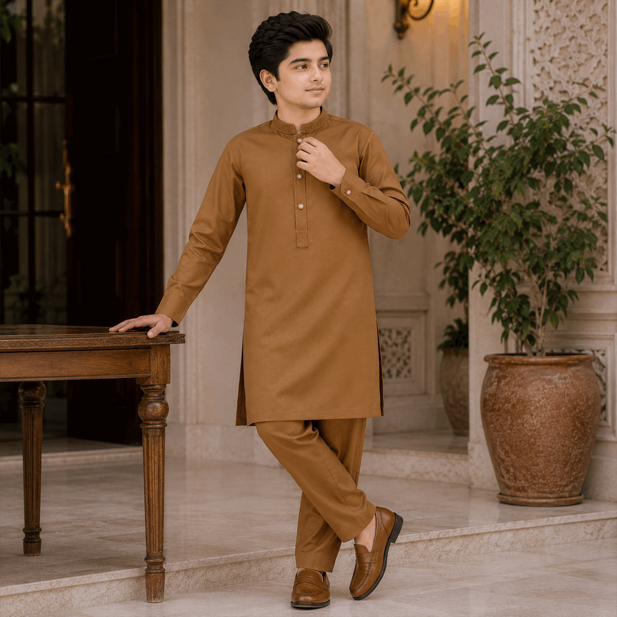 Mustard Brown Embroidered Kurta Pajama/Shalwar
