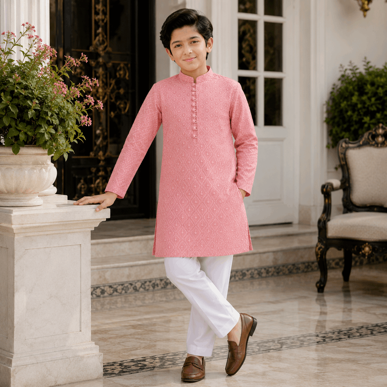 Soft Peach Chickenkari Kurta Pajama