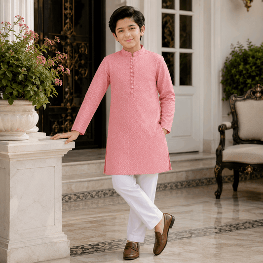 Soft Peach Chickenkari Kurta Pajama