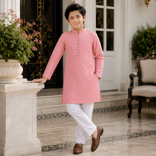 Soft Peach Chickenkari Kurta Pajama