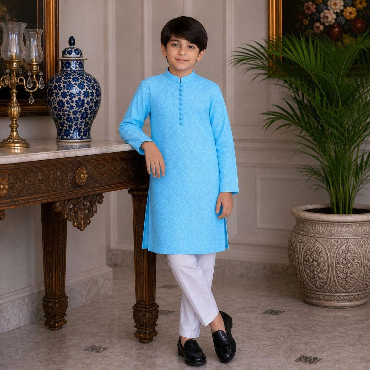 Sky Blue Chickenkari Kurta Pajama