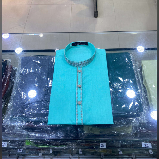 Turquoise Blue Embroided Pure Cotton Kurta Pajama