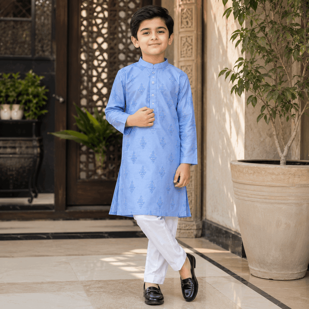 Sky Blue Motif Kurta Pajama