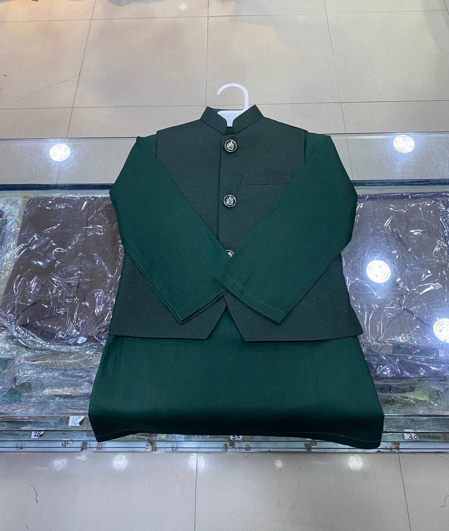 Green Kurta Trouser Waiscoat Set