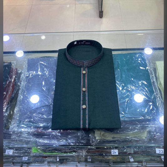 Dark Bottle Green Embroided Pure Cotton Kurta Pajama