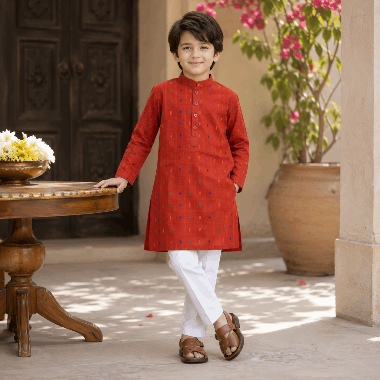 Rust Orange Dobby Texture Pure Cotton Kurta Pajama