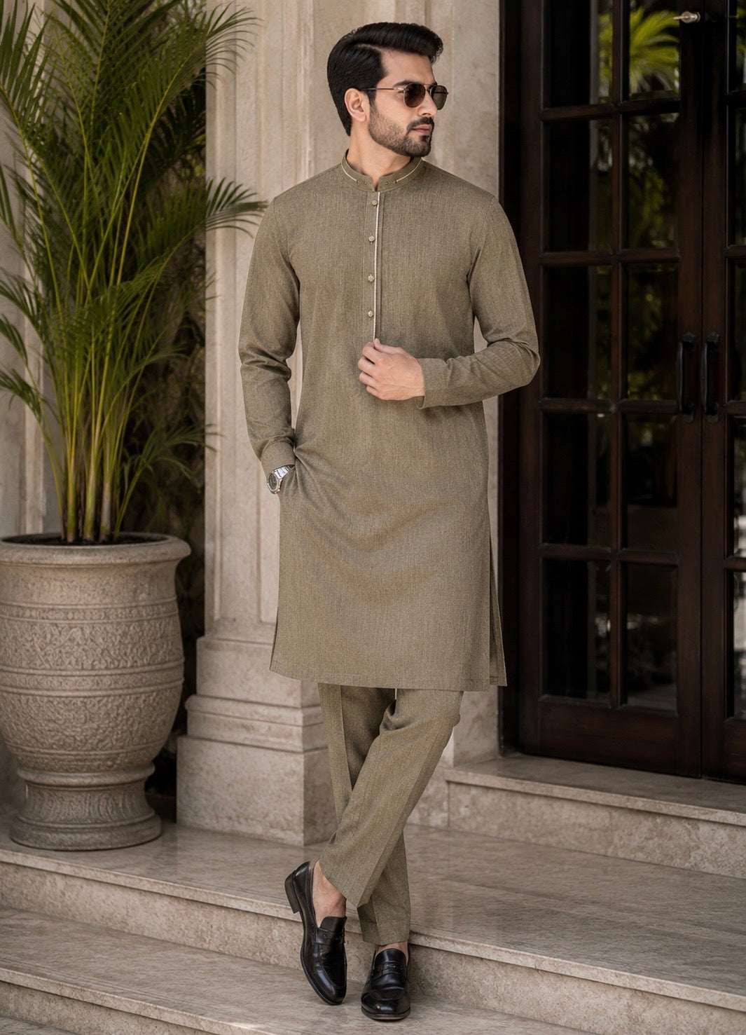 Dark Khaki Designing Kurta Pajama/Shalwar