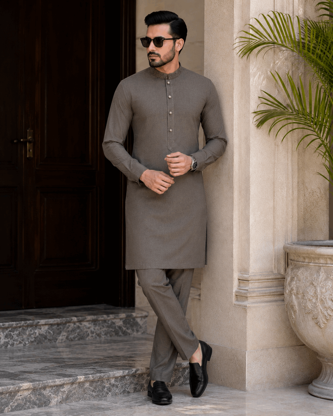 Muted Walnut Embroidered Kurta Pajama/Shalwar