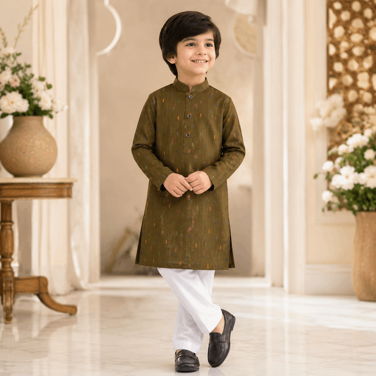 Olive Green Dobby Texture Pure Cotton Kurta Pajama