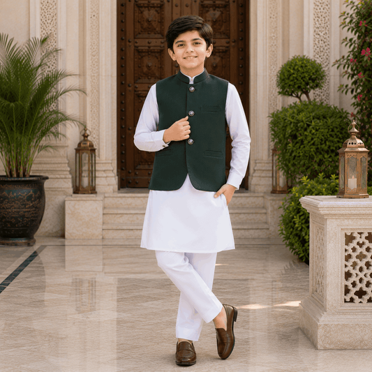 White Kurta Trouser Waiscoat Set