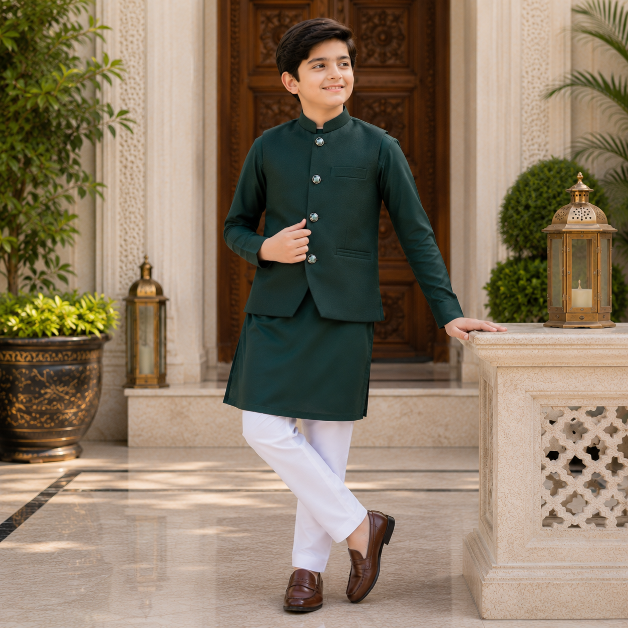 Green Kurta Trouser Waiscoat Set