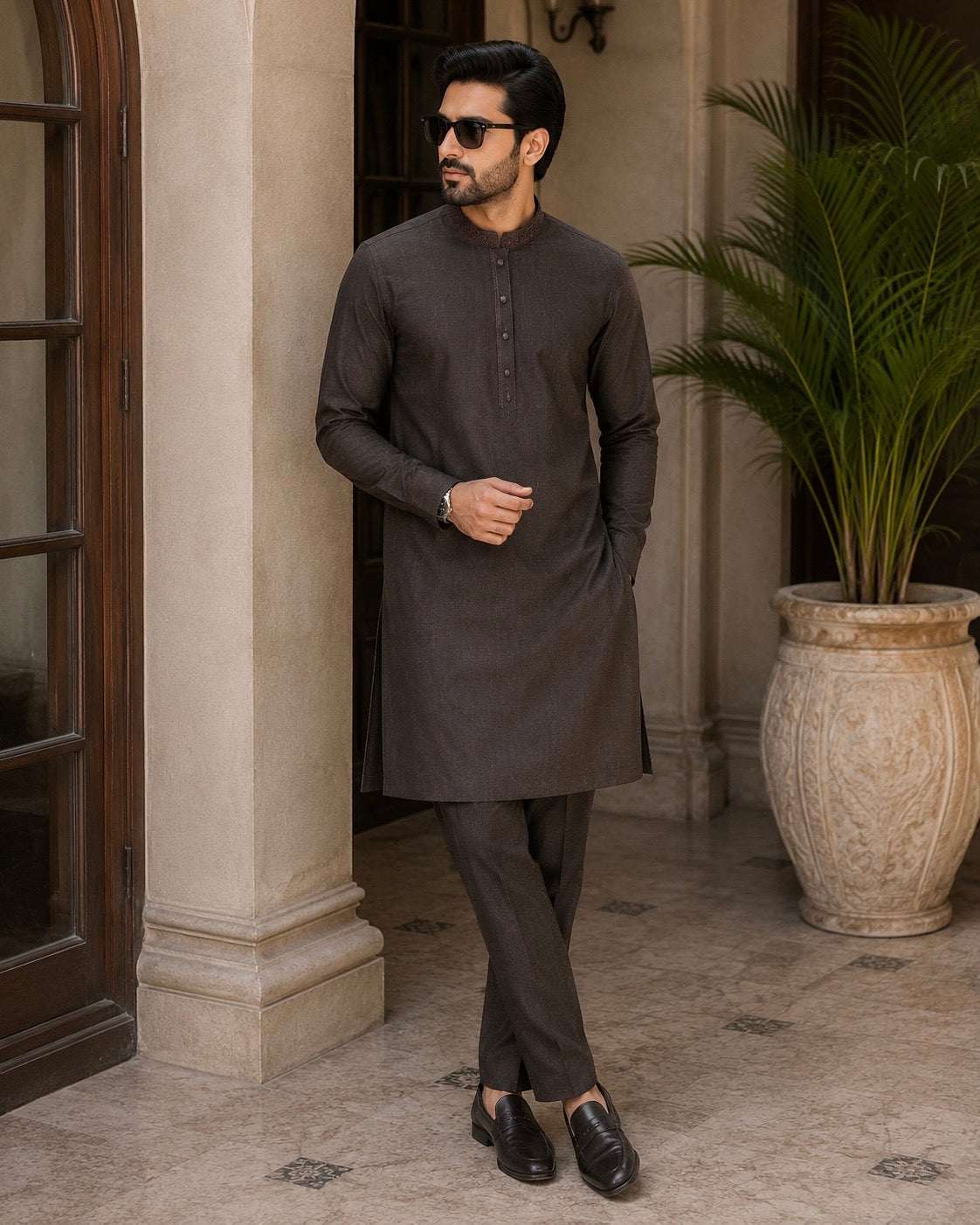 Chocolate Brown Embroidered Kurta Pajama/Shalwar