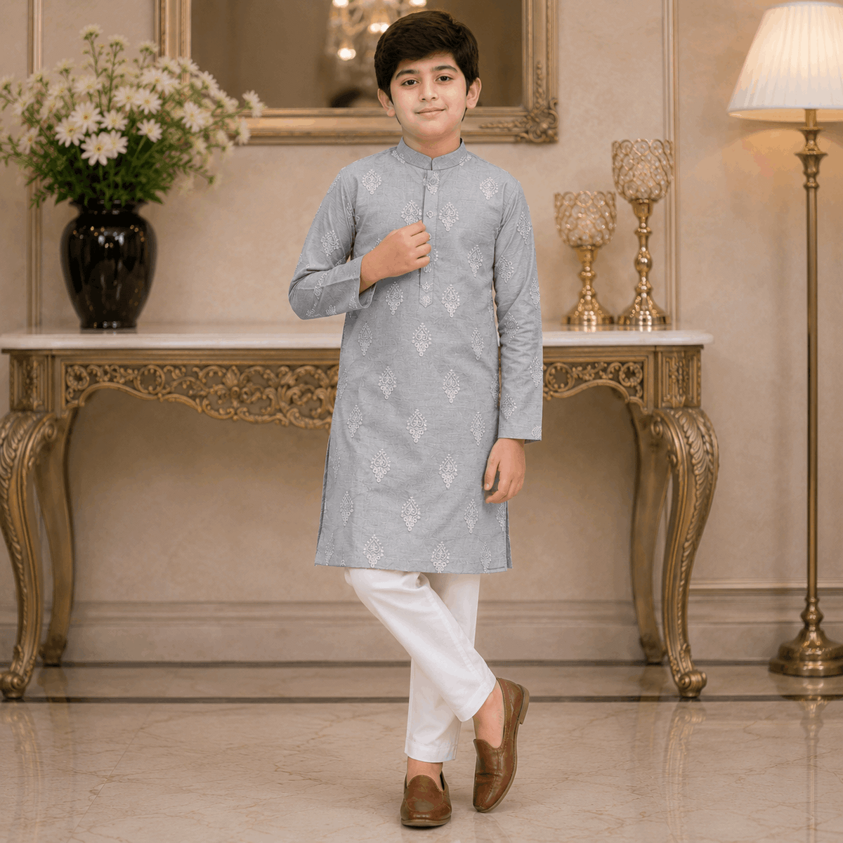 Ash Grey Motif Kurta Pajama