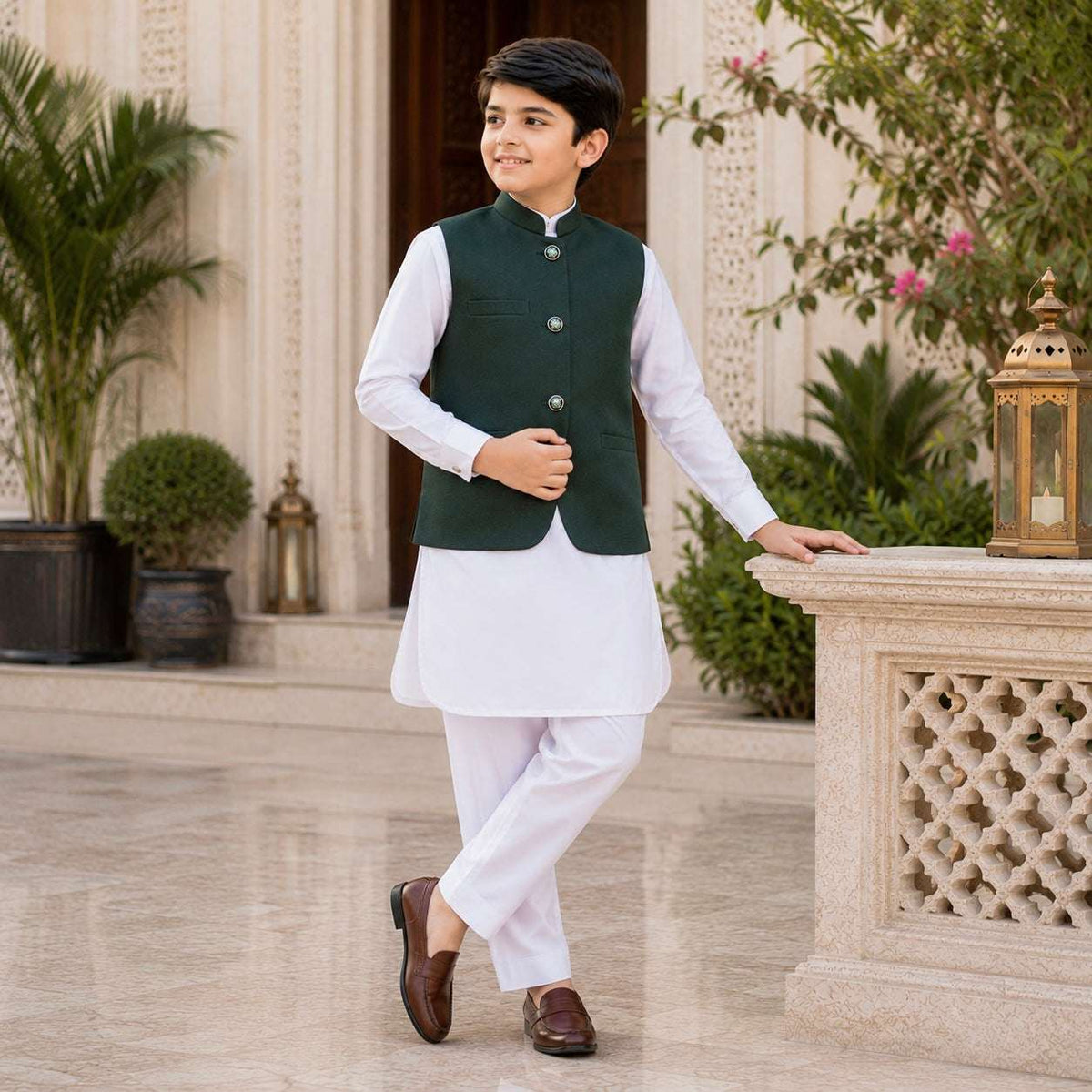White Kurta Trouser Waiscoat Set