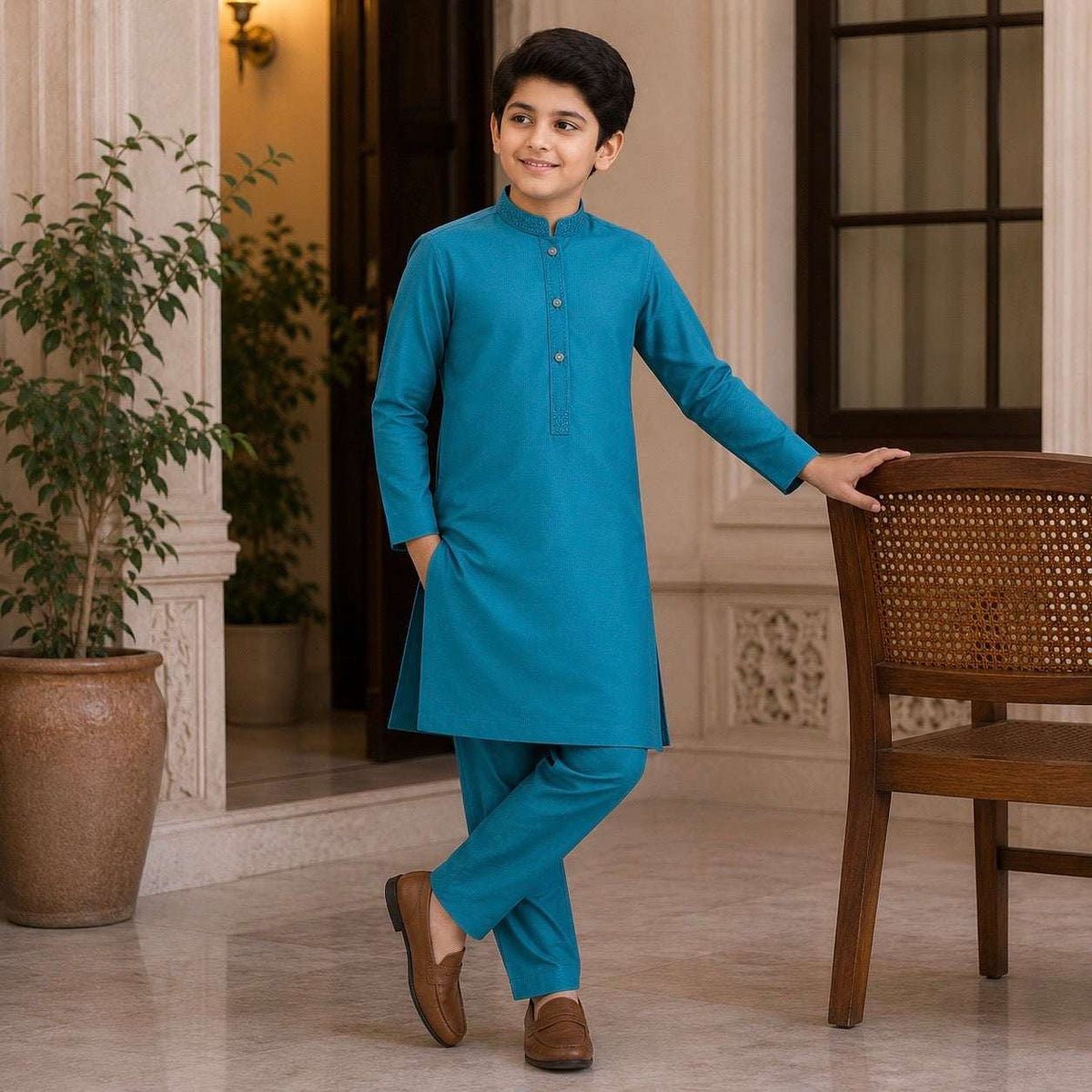 Teal Blue Embroidered Kurta Pajama/Shalwar