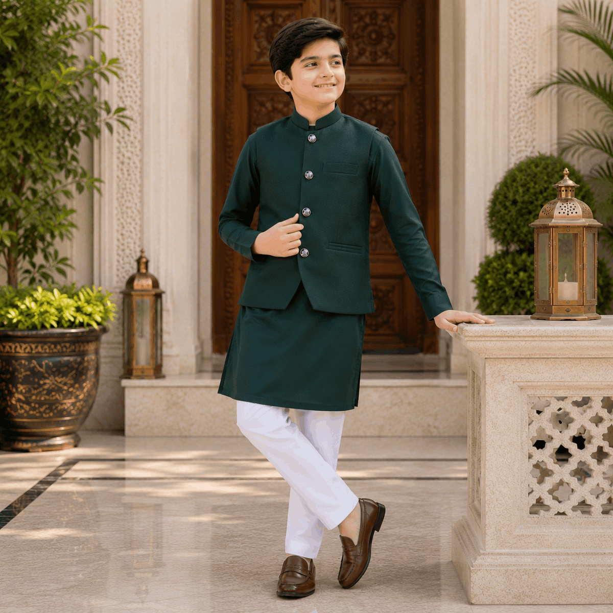 Green Kurta Trouser Waiscoat Set